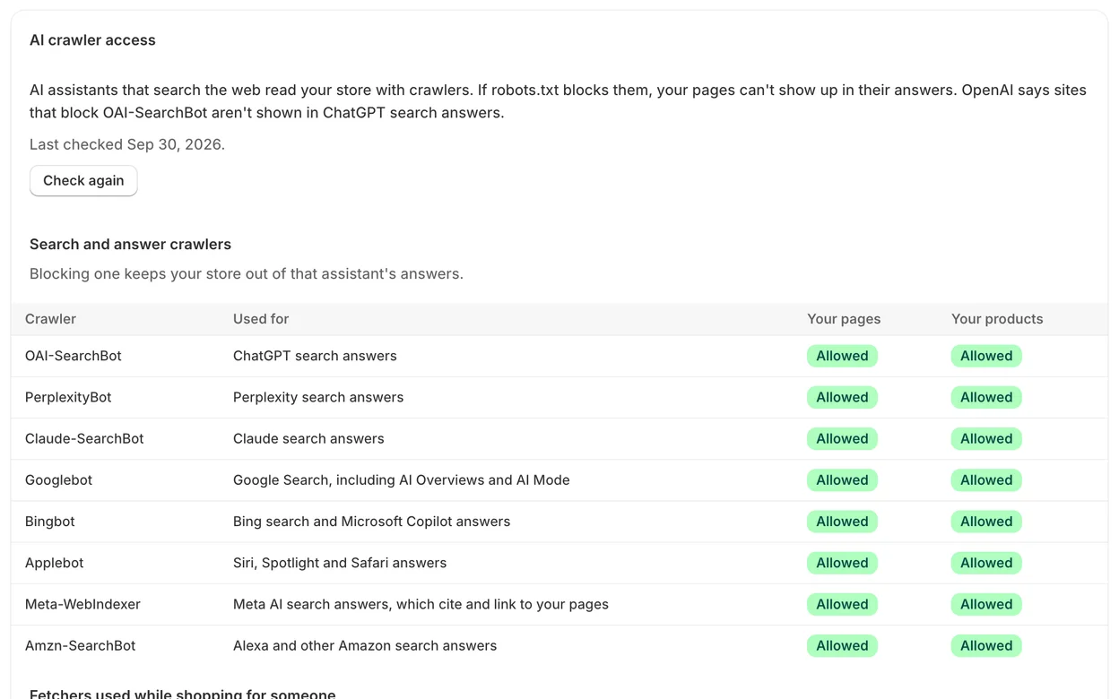 The AI crawler access table: OAI-SearchBot, PerplexityBot, Claude-SearchBot, Googlebot, Bingbot, Applebot, Meta-WebIndexer and Amzn-SearchBot are all allowed to read the store's pages and products.